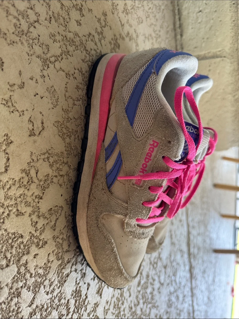 Reebok Kids Beige Sneakers with Pink Laces & Purple Accents